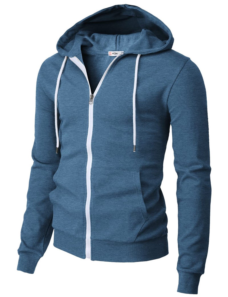 H2H Mens Slim Fit Hoodie with White Zipper and Drawstring STEELBLUE US 3XL/Asia 4XL (CMOHOL048) - Image 1